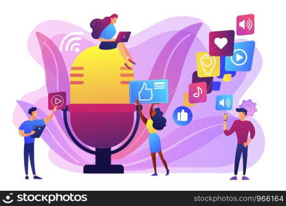 Radio advertising. Broadcasting station. Mass media marketing. Podcast content, marketing podcasts production, your content strategy concept. Bright vibrant violet vector isolated illustration. Podcast content concept vector illustration