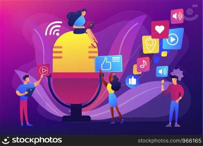 Radio advertising. Broadcasting station. Mass media marketing. Podcast content, marketing podcasts production, your content strategy concept. Bright vibrant violet vector isolated illustration. concept vector illustration