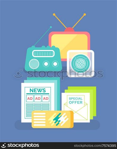 Radio and message paper, mass media, old element of communication, objects isolated ob blue. Volume equipment and lists with news and special offer vector. Radio and Message Paper, Old Communication Vector