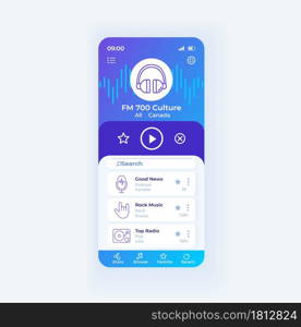 Radio application smartphone interface vector template. Mobile app page design layout. Radio broadcast online screen. Download fm application. Flat UI for application. Phone display. Radio application smartphone interface vector template