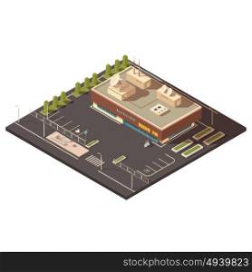 Radio Center Building Concept . Radio center building concept with parking and equipment isometric vector illustration