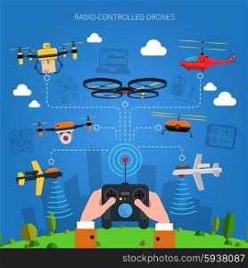 Radio-controlled Drones Concept . Radio-controlled drones concept with city grass and console in hands flat vector illustration