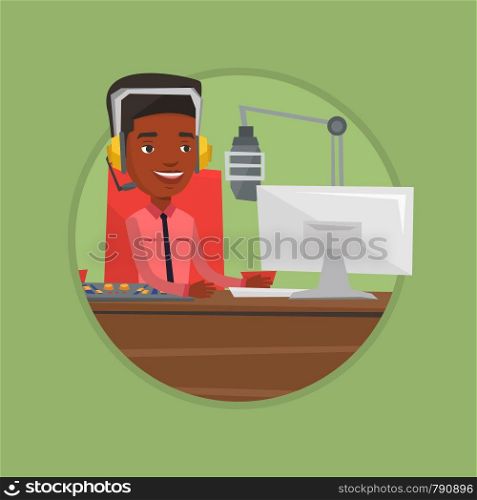 Radio dj working in front of microphone, computer and mixing console on radio. Radio dj in headset working on a radio station. Vector flat design illustration in the circle isolated on background.. Dj working on the radio vector illustration