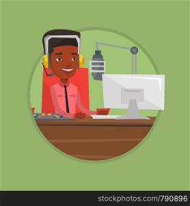 Radio dj working in front of microphone, computer and mixing console on radio. Radio dj in headset working on a radio station. Vector flat design illustration in the circle isolated on background.. Dj working on the radio vector illustration