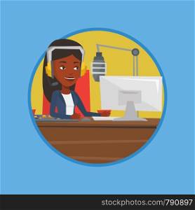 Radio dj working in front of microphone, computer and mixing console on radio. Radio dj in headset working on a radio station. Vector flat design illustration in the circle isolated on background.. Female dj working on the radio vector illustration