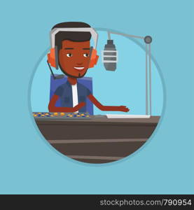 Radio dj working on mixing console and speaking into a microphone on radio. News presenter in headset working on a radio station. Vector flat design illustration in the circle isolated on background.. Male dj working on the radio vector illustration
