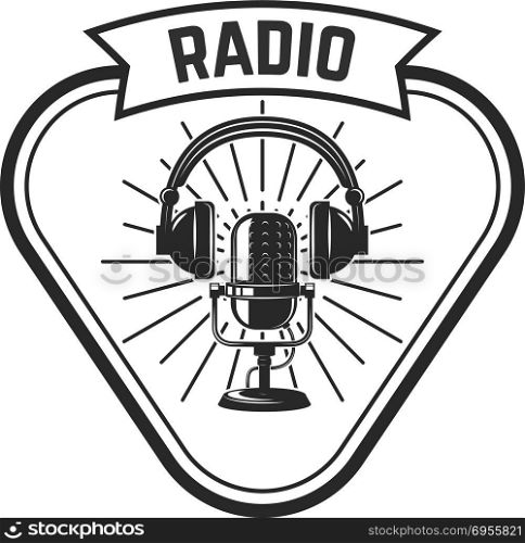 Radio. Emblem template with retro microphone. Design element for logo, label, emblem, sign. Vector illustration