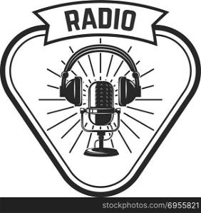 Radio. Emblem template with retro microphone. Design element for logo, label, emblem, sign. Vector illustration