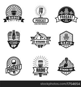 Radio emblems. Podcast, broadcast and studio badges with vintage microphones. Stand up logo with hand holding mic. Music station vector set. Illustration radio broadcast microphone emblem. Radio emblems. Podcast, broadcast and studio badges with vintage microphones. Stand up logo with hand holding mic. Music station vector set