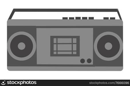 Radio equipment, sound technology, tape recorder in black color. Stereo or electronic logo, speaker with cassette player, entertainment element vector. Radio with Cassette Player, Electronic Sign Vector