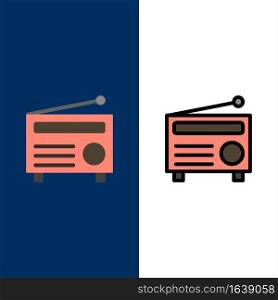Radio, FM, Audio, Media  Icons. Flat and Line Filled Icon Set Vector Blue Background