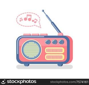 Radio for information broadcasting vector. Isolated icon of device with antenna for info and entertaining purposes, music and sounds, notes waves. Radio and Playing Music, Notes and Waves Icon