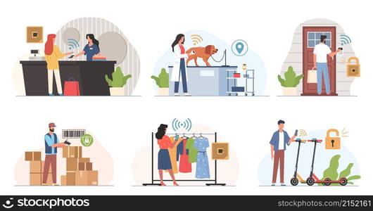 Radio frequency identification technology. Electronic tags, automatic detection, people with scanners, payments and door opening, delivery and shopping business automatization, vector isolated set. Radio frequency identification technology. Electronic tags, automatic detection, people with scanners, payments and door opening, delivery and shopping business automatization vector set