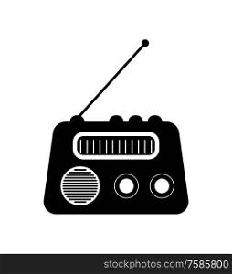Radio icon, old-fashioned audio equipment with antenna, receiver waves. Electrical media symbol in black color, flat design of retro speaker vector. Radio Icon, Black Media Symbol, Speaker Vector