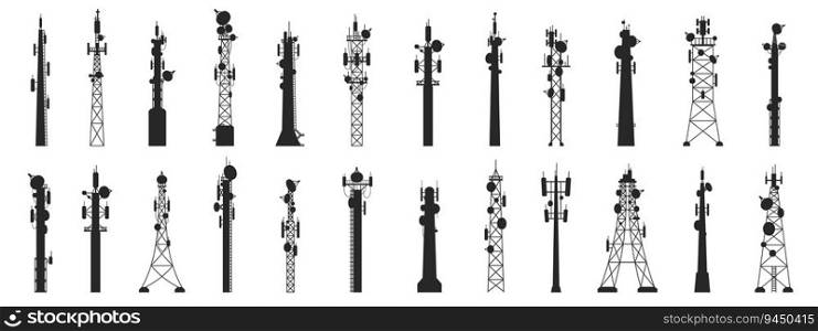 Radio mast silhouettes. Outline broadcast antenna towers, communication technology technology equipment. Vector set of radio black silhouette transmitter illustration. Radio mast silhouettes. Outline broadcast antenna towers, communication technology technology equipment. Vector set