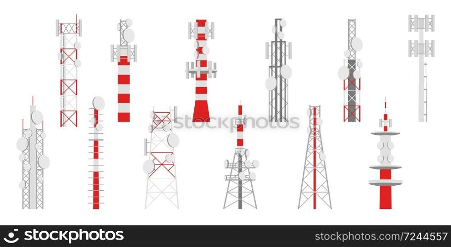 Radio masts. Telecom transmitter towers, television or internet and broadcasting antenna telecommunication satellite signal network, vector isolated set. Radio masts. Telecom transmitter towers, television and broadcasting antenna telecommunication satellite signal network, vector set