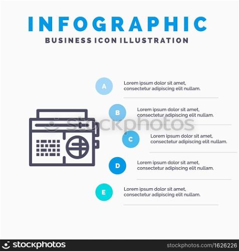 Radio, Music, Audio, Media Blue Infographics Template 5 Steps. Vector Line Icon template