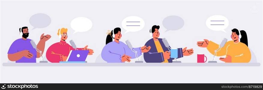 Radio podcast hosts characters sitting at desks with microphones and speech bubbles. Men and women in headphones interviewing guests, talk on radio station studio, Line art flat vector illustration. Radio podcast hosts characters sitting at desks