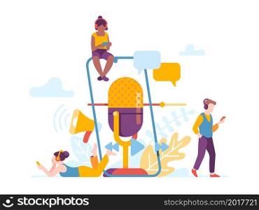 Radio podcast listening. People with earphones. Online broadcast. Large retro microphone and tiny characters in headphones. Smartphone musical audio player app. Voice live streaming. Vector concept. Radio podcast listening. People with earphones. Online broadcast. Large microphone and tiny characters in headphones. Smartphone musical player app. Voice live streaming. Vector concept