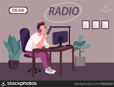Radio podcast show flat color vector illustration. Professional radio DJ, news host 2D cartoon character with recording studio on background. Public live broadcast, entertainment program on air. Radio podcast show flat color vector illustration