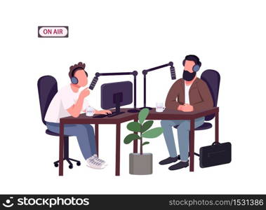 Radio show host and guest flat color vector faceless characters. Live interview with invited expert. Men talking in recording studio isolated cartoon illustration for web graphic design and animation . ZIP file contains: EPS, JPG. If you are interested in custom design or want to make some adjustments to purchase the product, don&rsquo;t hesitate to contact us! bsd@bsdartfactory.com. Radio show host and guest