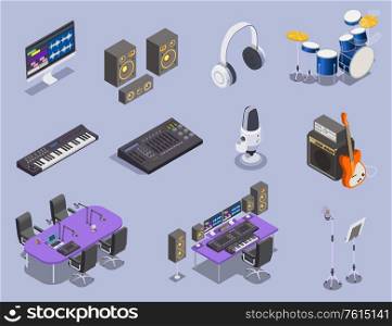 Radio studio equipment icons set with keyboard and guitar isometric isolated vector illustration