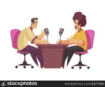 Radio studio recording composition with characters of guest and talk show host talking at table vector illustration. Radio Talk Show Composition