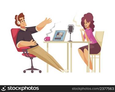 Radio studio recording composition with characters of man and woman in headphones with coffee and mic vector illustration. Radio Broadcast Coffee Composition