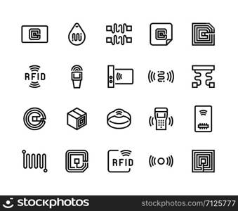 Radio tag line icons. Wireless RFID chip and radio-frequency identification, wireless antenna and electric circuit. Vector illustration set tagging electronics semiconductors sound equipment. Radio tag line icons. Wireless RFID chip and radio-frequency identification, wireless antenna and electric circuit. Vector set