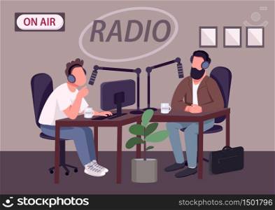 Radio talk show show flat color vector illustration. Chat show host and guest 2D cartoon characters with studio on background. Live podcast, news broadcasting program with expert consultation. Radio talk show show flat color vector illustration