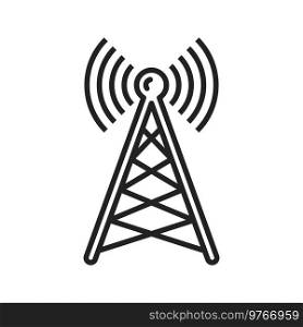Radio tower or mast with broadcast transmission waves isolated outline icon. Vector antenna, transmitter monochrome linear sign. Telecommunication or telephone signal broadcasting, line art. Mast transmitter isolated broadcasting tower icon