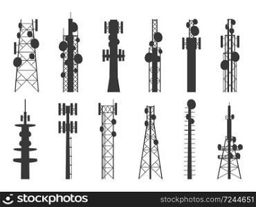 Radio tower silhouettes. Transmission cellular towers, television, internet and broadcasting antenna, satellite signal telecom masts. Vector isolated set. Radio tower silhouettes. Transmission cellular towers, television and broadcasting antenna, satellite signal telecom masts vector set