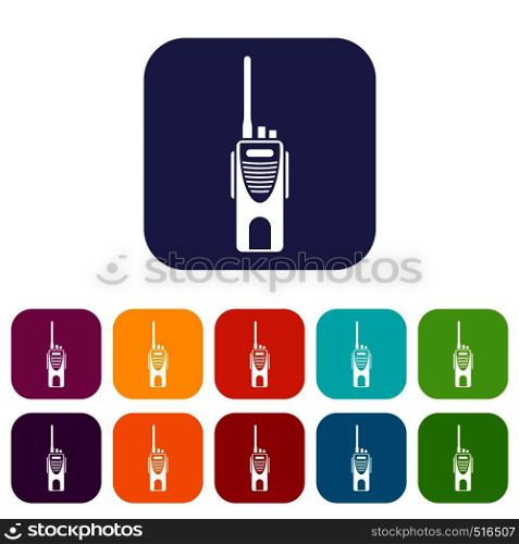 Radio transmitter icons set vector illustration in flat style in colors red, blue, green, and other. Radio transmitter icons set
