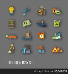 Radioactive and carbon dioxide toxic waste human activity waste air water pollution icons set isolated vector illustration