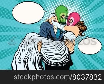 Radioactive Apocalypse wedding bride and groom pop art retro vector. A man carries a woman on his hands. couple love. Radioactive Apocalypse wedding the bride and groom