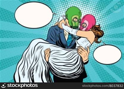 Radioactive Apocalypse wedding bride and groom pop art retro vector. A man carries a woman on his hands. couple love. Radioactive Apocalypse wedding the bride and groom