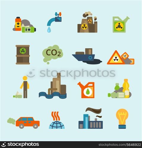 Radioactive nucleus waste and batteries disposal diffuse environment contamination symbols pictograms flat abstract collection isolated vector illustration