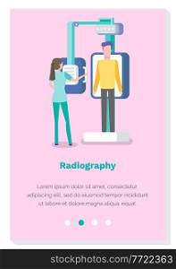 Radiography vector illustration. Website template, landing page. A girl makes fluorography to a man. Woman works with equipment in the laboratory. Diagnosis of tuberculosis in the clinic concept. Radiography vector illustration. Website template, landing page. A girl makes fluorography to a man