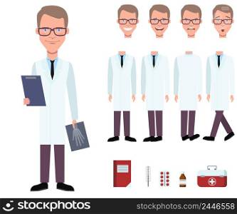 Radiologist in lab coat holding x-ray image character set with different poses, emotions, gestures. Part of body, book, drugs, medical box. Can be used for topics like doctor, medicine, healthcare