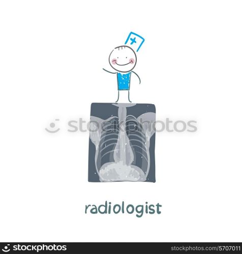 Radiologist with X-ray images. Fun cartoon style illustration. The situation of life.