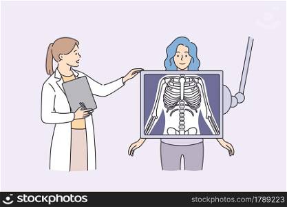 Radiology and body scan in medicine concept. Woman patient cartoon character standing behind x-ray and making examination of chest with doctor practitioner vector illustration. Radiology and body scan in medicine concept