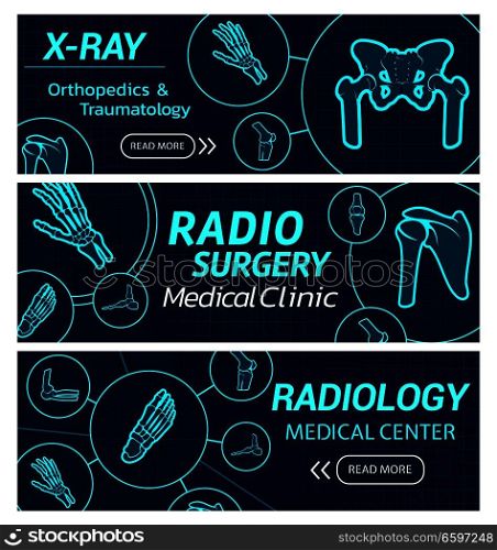 Radiology and radio surgery X-ray web banners for medical technology. Vector design for scientific medicine center in orthopedics and traumatology therapy and diagnostics with X-ray bones and joints. Radiology medical center vector X-ray banners