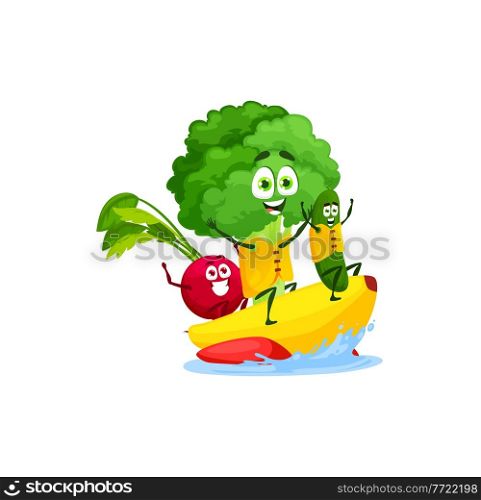 Radish, broccoli and cucumber swimming on water banana isolated cute cartoon characters on summer rest. Vector vegetarian food, cocktail ingredients, kids food on sea vacation holidays, healthy eating. Broccoli, radish and cucumber surfing on banana