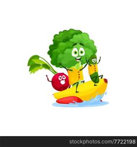 Radish, broccoli and cucumber swimming on water banana isolated cute cartoon characters on summer rest. Vector vegetarian food, cocktail ingredients, kids food on sea vacation holidays, healthy eating. Broccoli, radish and cucumber surfing on banana