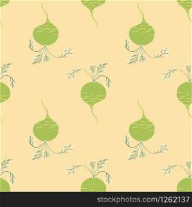 Radish seamless pattern on yellow background. Botanical wallpaper. Vegetarian healthy food texture.Design for fabric, textile print, wrapping paper, kitchen textiles. Vector illustration. Radish seamless pattern on yellow background. Botanical wallpaper.
