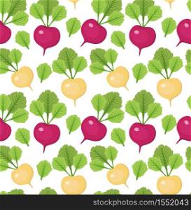 Radish seamless pattern. Red and white radishes endless background, texture. Vegetable background. Vector illustration. Radish seamless pattern. Red and white radishes endless background, texture. Vegetable . Vector illustration