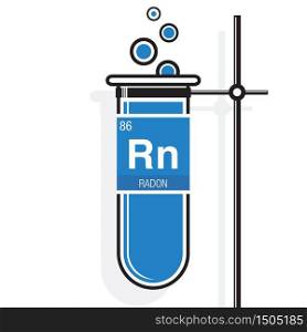 Radon symbol on label in a blue test tube with holder. Element number 86 of the Periodic Table of the Elements - Chemistry
