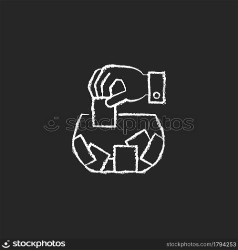 Raffle chalk white icon on dark background. Gambling competition. Choosing random numbered ticket from container. Winning cash chance. Prize giveaway. Isolated vector chalkboard illustration on black. Raffle chalk white icon on dark background