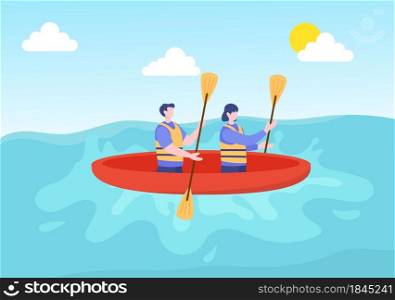 Rafting Background Flat Cartoon Vector Illustration With People do Activity Water Sports in the Middle of the Lake, Canoeing, Sitting in Boat and Holding Paddles