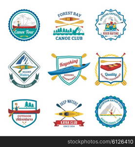 Rafting Canoeing And Kayak Emblems Set . Canoe and kayak mountain sport clubs flat emblems and river rafting labels collection abstract isolated vector illustration